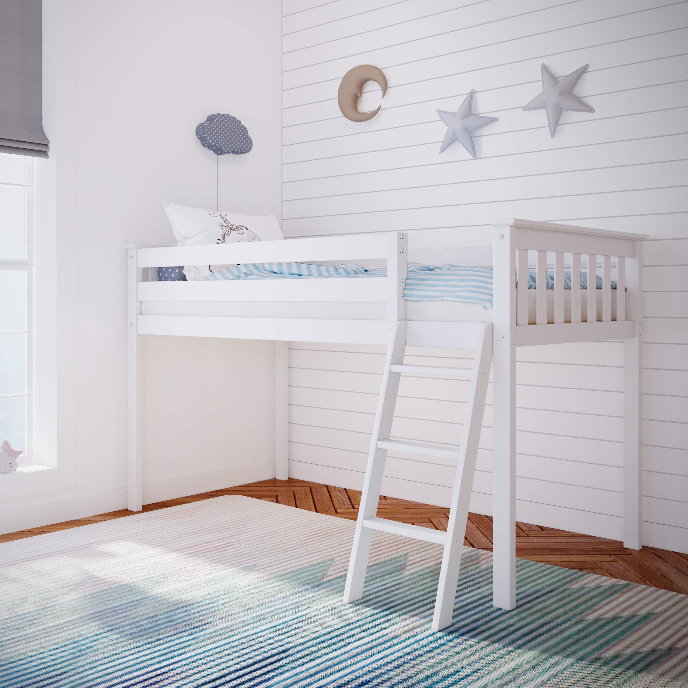 Photo 1 of Max & Lily Twin Size Low Loft Bed with Slide and Stairs, Classic Solid Wood Kids Bedroom Furniture, 400 lbs Weight Capacity, 14" Safety Guardrail, Anti-Slip Steps, White