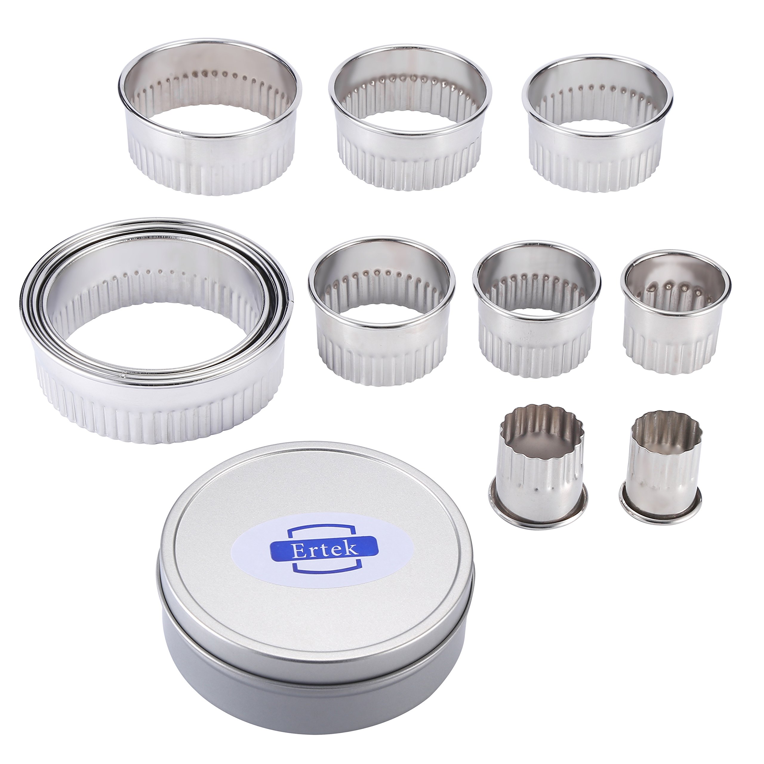 Round Biscuit Cutter Set Fluted Edge with rolled top ends,11pcs Circle Pastry Cutters,tin storage box for Pastries, Baking, Desserts, Muffins, Scones, Fondant (Scalloped Edge)