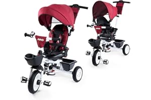JMMD Baby Trike, 6-in-1 Kids Tricycle with Adjustable Push Handle, Removable Canopy, Safety Harness for 18 Months - 5 Year Old, Deep Red