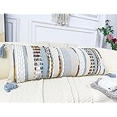 NUYECY Chenille and Cotton Long Pillow for Bed, Striped Textured Boho Lumbar Throw Pillow Cover 14x36, Neutral Accent Decorative Extra Long Body Pillow Case for Couch, Sofa, Bedroom, Light Blue
