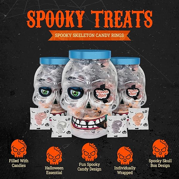30 PACK HALLOWEEN RING CANDY – INDIVIDUALLY WRAPPED HOLIDAY THEMED SKULL CANDYS PACKED IN A SKULL JAR – TRICK OR TREAT STRAWBERRY AND TUTTI FRUTTI DELICIOUS CANDYS – BULK HALLOWEEN SUCKERS GREAT USE, FOR KIDS, TRICK OR TREAT, PARTY FAVOR, CLASSROOMS, GOODIE BAGS