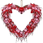 Wavwavw Valentine's Day Wreath for Front Door 14 Inches Valentines Heart Shaped Forsythia Flower Wreath with Artificial Red Pink Berries Small Red Hearts for Home Indoor Anniversary Party