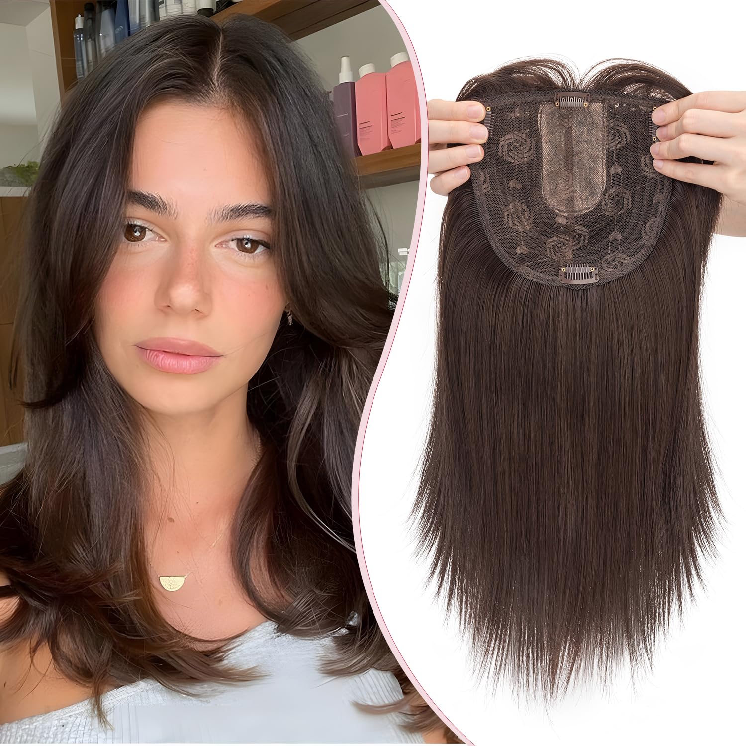 S-noilite Hair Toppers for Women with Thinning Hair 14 Inch Toppers Hair Pieces Women Wiglets with Fringe Bangs 6"x6" Lace Base Clip in Synthetic Hairpieces,Straight Auburn Brown — image 1