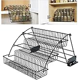 Pull Down Spice Rack for Upper Cabinets, 3-Tier Black Wire Organizer with Screw Mount for Deep Inside Storage