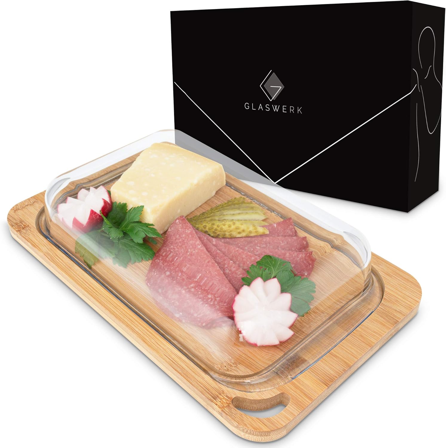 GLASWERK Aufschnittbox aus Bambusholz und Borosilikatglas - perfekte Aufbewahrung von Wurst- und Käseaufschnitt - Wurstbox für den Kühlschrank