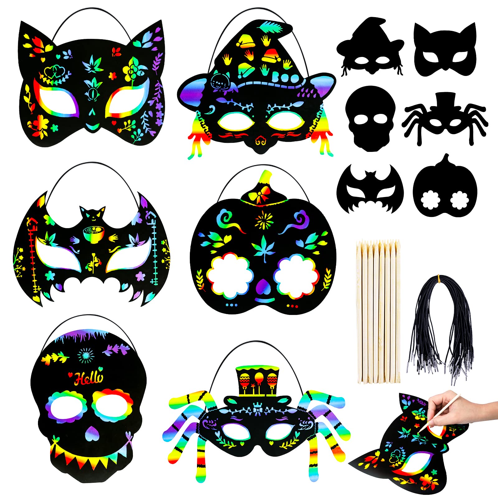 MGparty 24PCS Halloween Scratch Masks Craft Kit Rainbow Magic Scratch Paper Art for Kids Classroom Activities Birthday Party Favors School Art DIY Projects Halloween Games Decorations