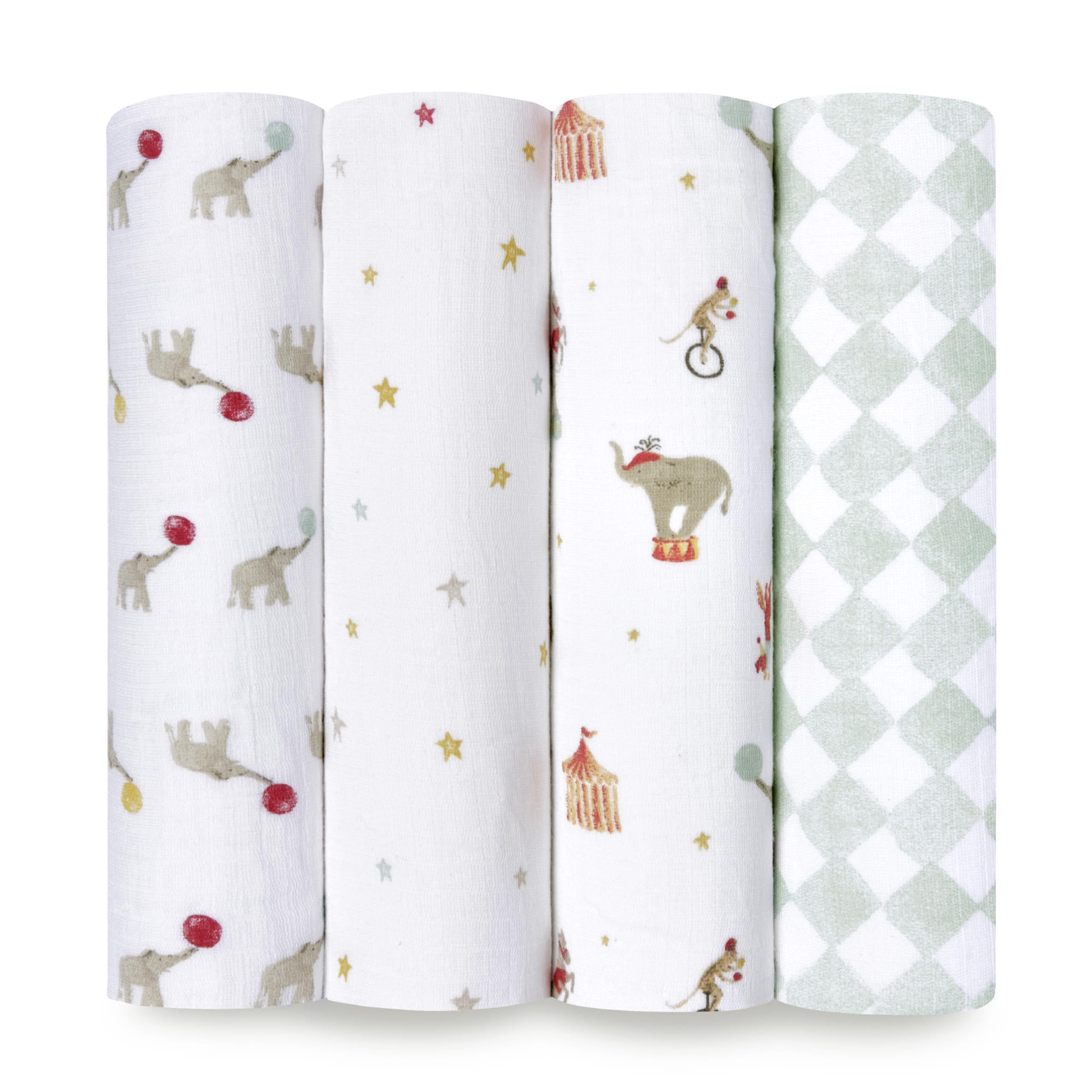 aden + anais Essentials Disney Baby Muslin Swaddle Blankets, Newborn Receiving Blanket for Swaddling, 100% Cotton Baby Swaddle Wrap, 4 Pack, Elephant Circus — image 1