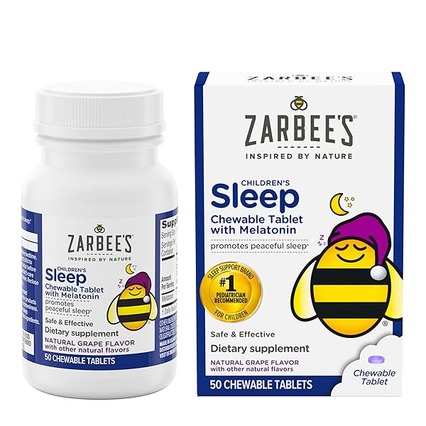 ZARBEE’S KIDS MELATONIN CHEWABLE TABLET, 1MG MELATONIN, DRUG-FREE & EFFECTIVE SLEEP SUPPLEMENT, NATURAL GRAPE FLAVOR, NO ARTIFICIAL SWEETENERS OR DYES, GLUTEN FREE, AGES 3+, 50 CT