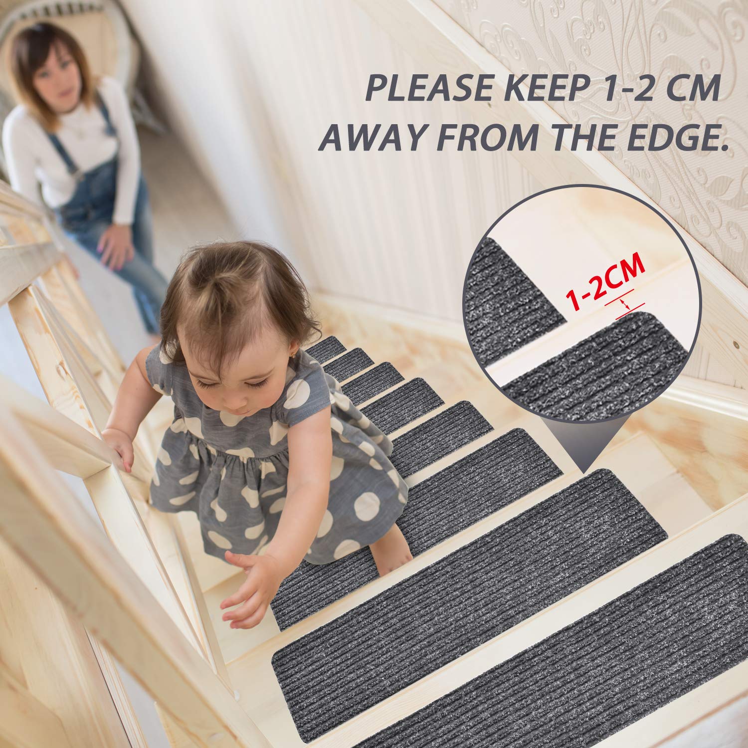 MBIGM 8" X 30" (15 in Pack) Non-Slip Carpet Stair Treads Non-Skid Safety Rug Slip Resistant Indoor Runner for Kids Elders and Pets with Reusable Adhesive, Grey