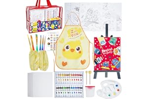 KIDDYCOLOR 52 Pcs Kids Paint Set with 24 Colors Acrylic Paint, Wood Easel, 8" x 10" Canvases, Brushes, Storage Bag, Great Gift for Christmas New Year