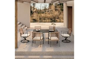 LAUSAINT HOME 7 Pieces Patio Dining Set, Outdoor Furniture Set of 6 Wicker Chairs (2 of Them Swivel) with Soft Cushion and Iron Slats Table Top with Umbrella Hole, Conversation Set for Backyard
