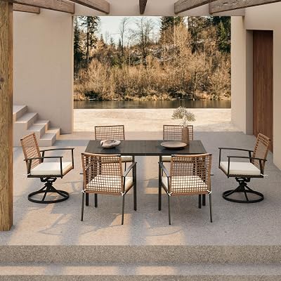 LAUSAINT HOME 7 Pieces Patio Dining Set, Outdoor Furniture Set of 6 Wicker Chairs (2 of Them Swivel) with Soft Cushion and Iron Slats Table Top with Umbrella Hole, Conversation Set for Backyard