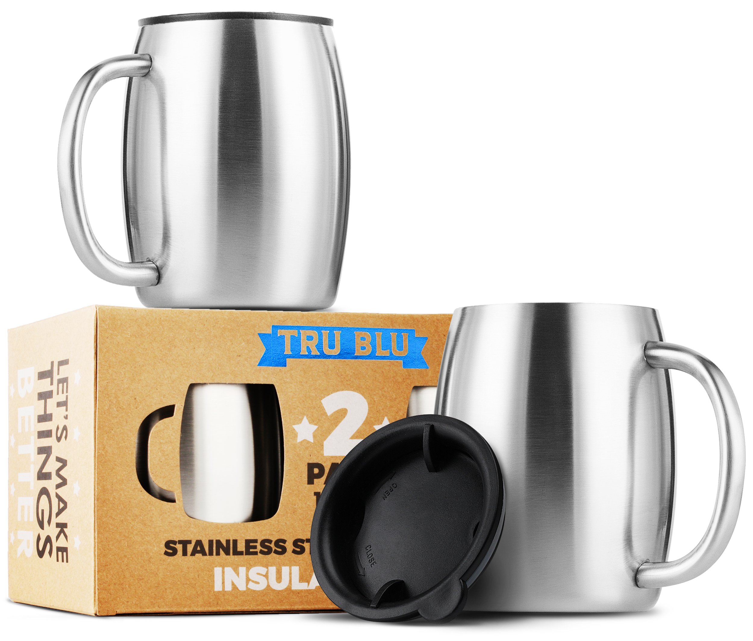 Stainless Steel Coffee Mug with Lid, Set of 2 - Premium Double Wall ...