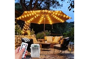 HOLITS Patio Umbrella Lights Cordless 120 LED Table Umbrella Lights with Remote Control Battery Operated Waterproof Parasol String Lights for 7-10 Feet Outdoor Backyard Beach Umbrella Décor (Warm White)