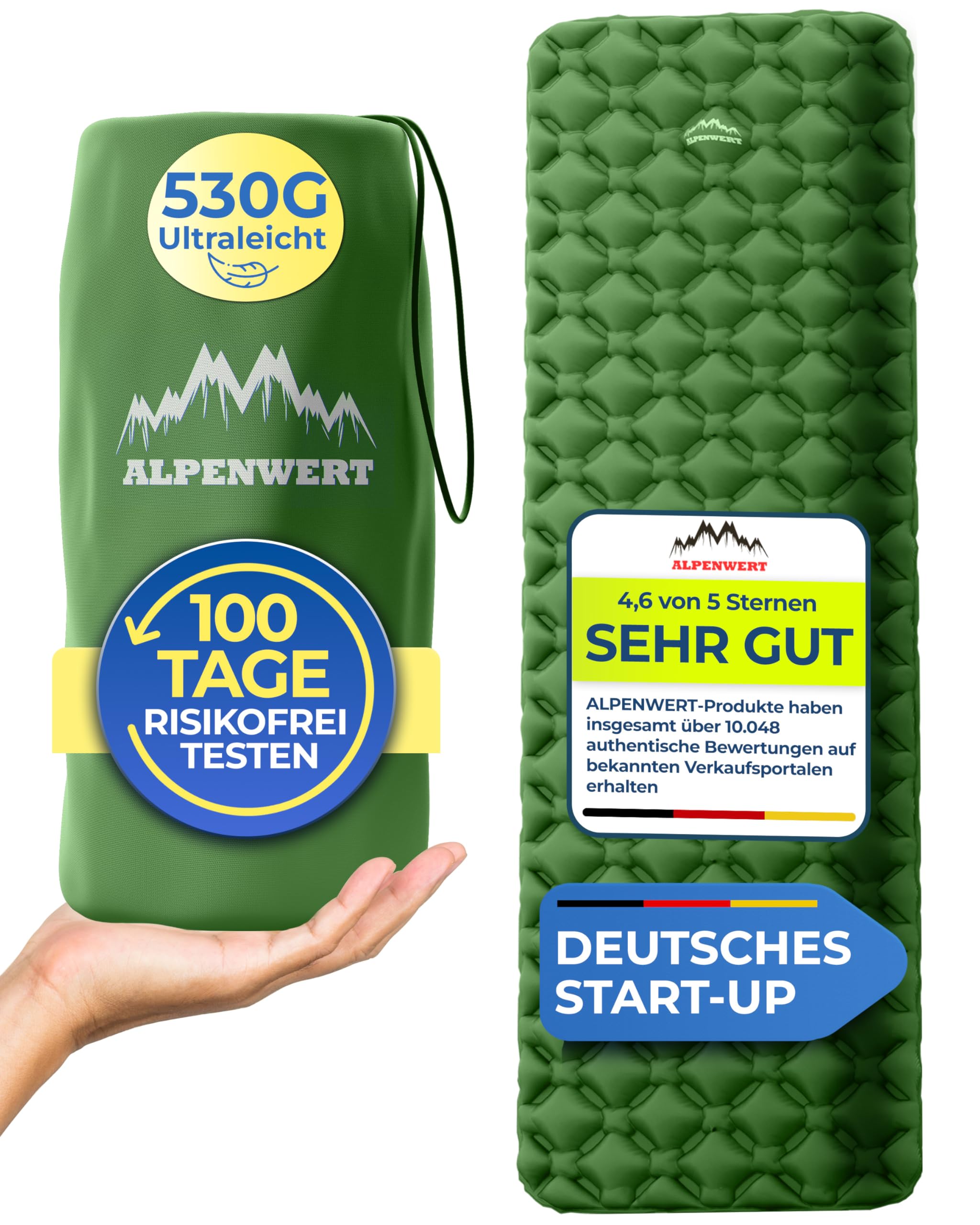 Alpenwert Outdoor Sleeping Mat [Small Pack Size & Ultralight] Air Mattress Perfect for Camping, Hiking, Backpacking and Much More - Inflatable Sleeping Mat (Green)