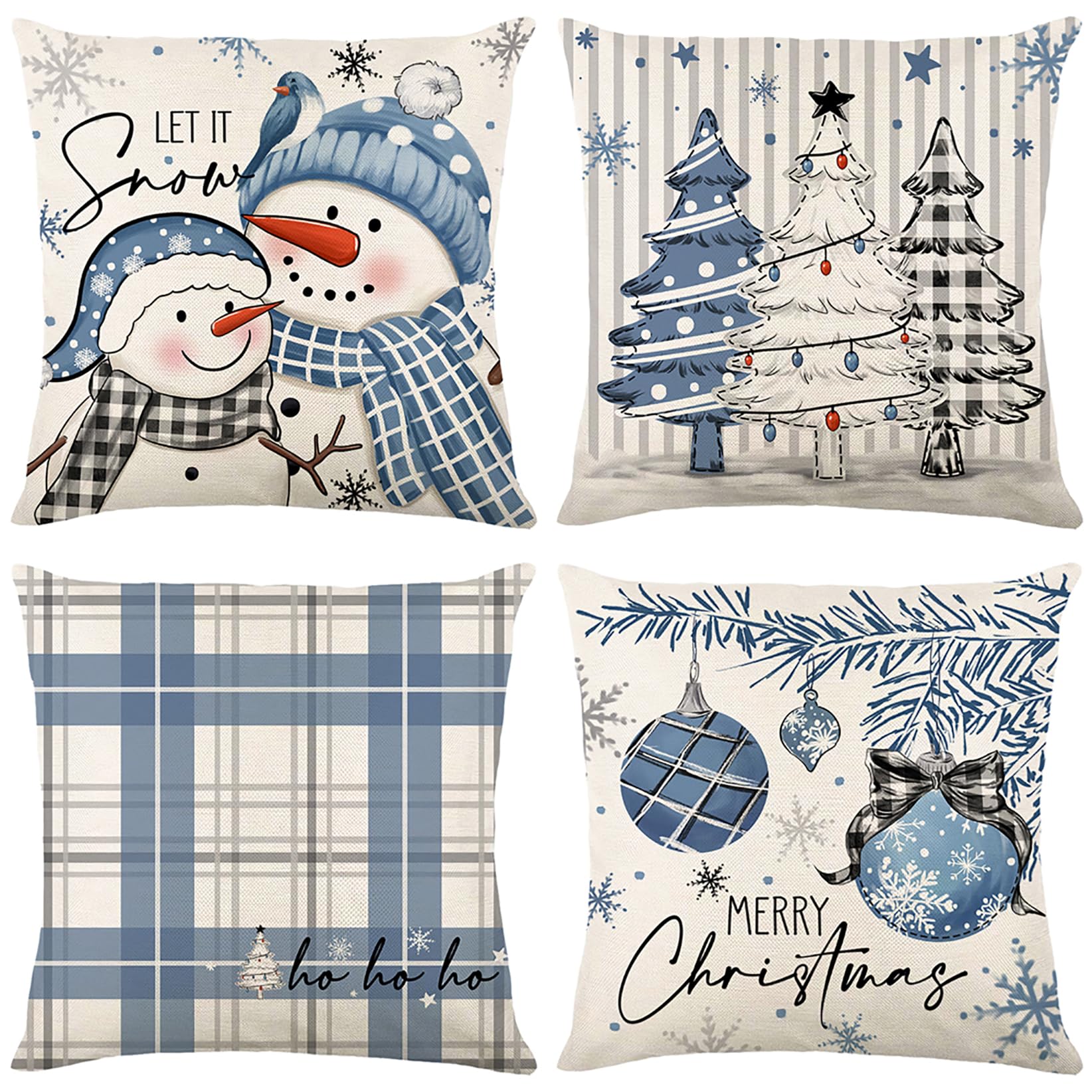 KY-Tech Christmas Cushion Covers, 4 Pack Christmas Pillow Covers Cotton Linen Xmas Pillow Cases Xmas Cushion Covers Pillow Covers, 18x18 inch (StyleS-Blue)