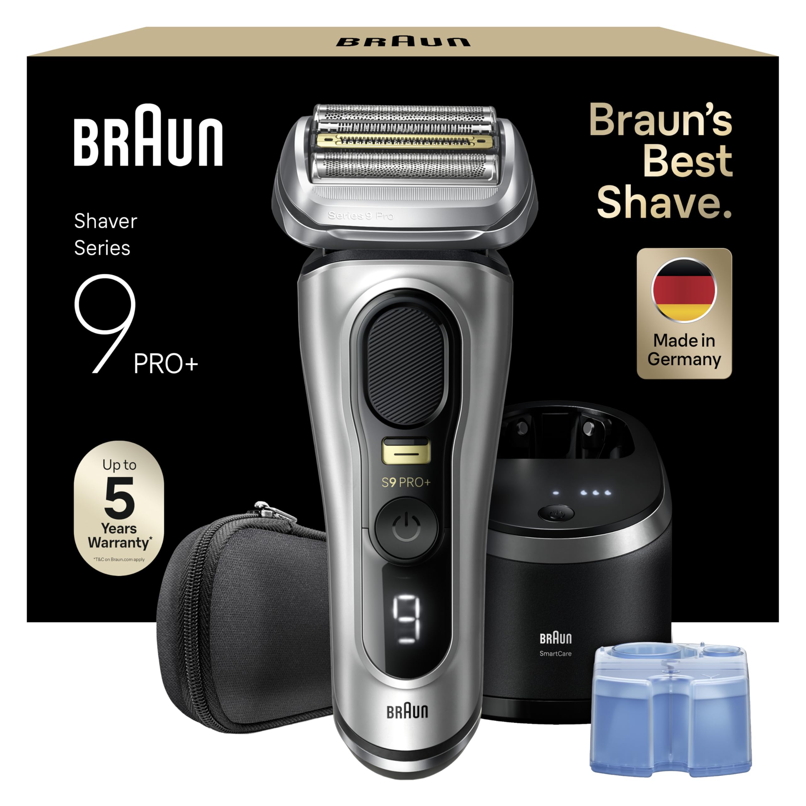 Braun Series 9 Pro+ Rasierer Herren Elektrisch, Elektrorasierer mit 5 Pro Rasierelementen, Rasierapparat ProTrimmer & Reinigungsstation, 60 Min Laufzeit, Made in Germany, 9567cc, Silber
