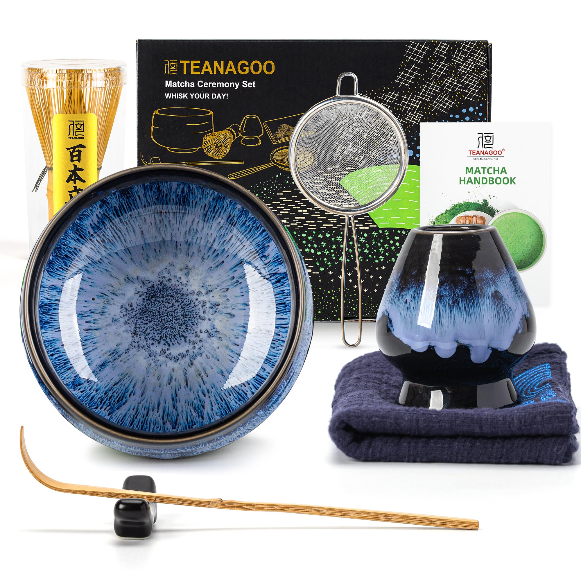 TEANAGOO Matcha Set, 7 Pcs Matcha Kit for Ceremony, Ceramic & Bamboo Matcha Bowl, Whisk & Accessories, Junware Set, Junware-blue