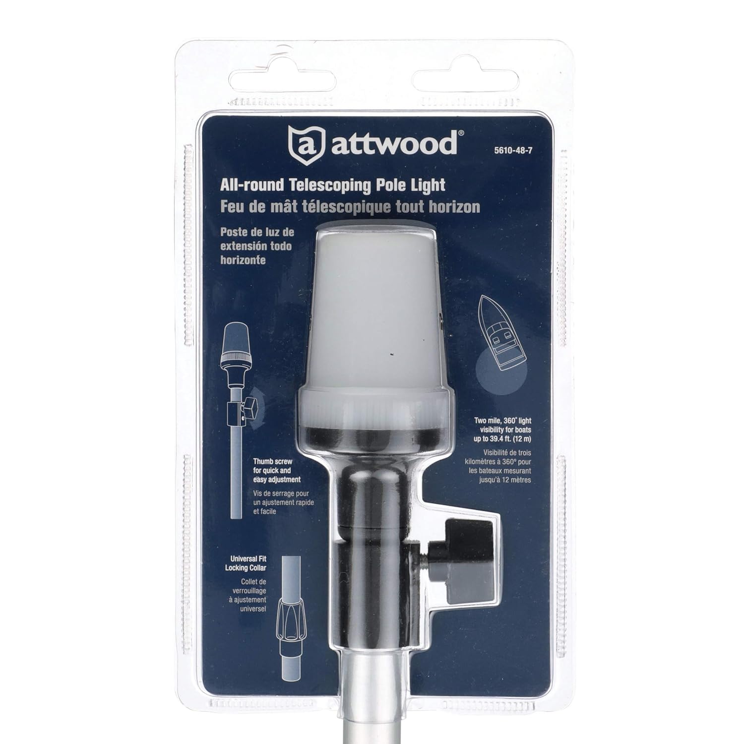 Attwood 5610-48-7 Telescoping Pole Light, All-Around Light, Height-Adjustable 26-42 inches, 2 Mile 360-Degree Visibility