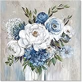 Goldfoilart Blue Flower Wall Art for Living Room White Floral Canvas Pictures Modern Paintings Framed Artwork for Bedroom Bat