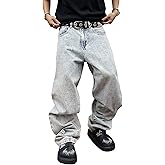 MZNBURAM Men's Y2K Hip Hop Baggy Jeans Loose Fit Wide Leg Denim Pants Casual Streetwear Trousers