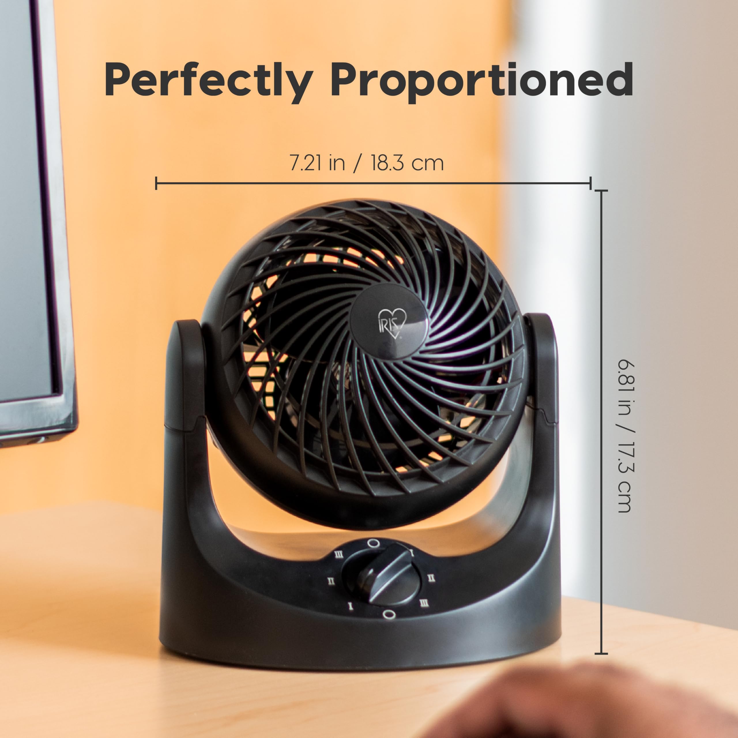 IRIS USA WOOZOO Desk Fan, Air Circulator, 3 Speeds, 32ft Max Air Distance, 112° Adjustable Tilt, 27.5db Quiet Motor, Small Fan for Bedroom, Office, Dorm, Black
