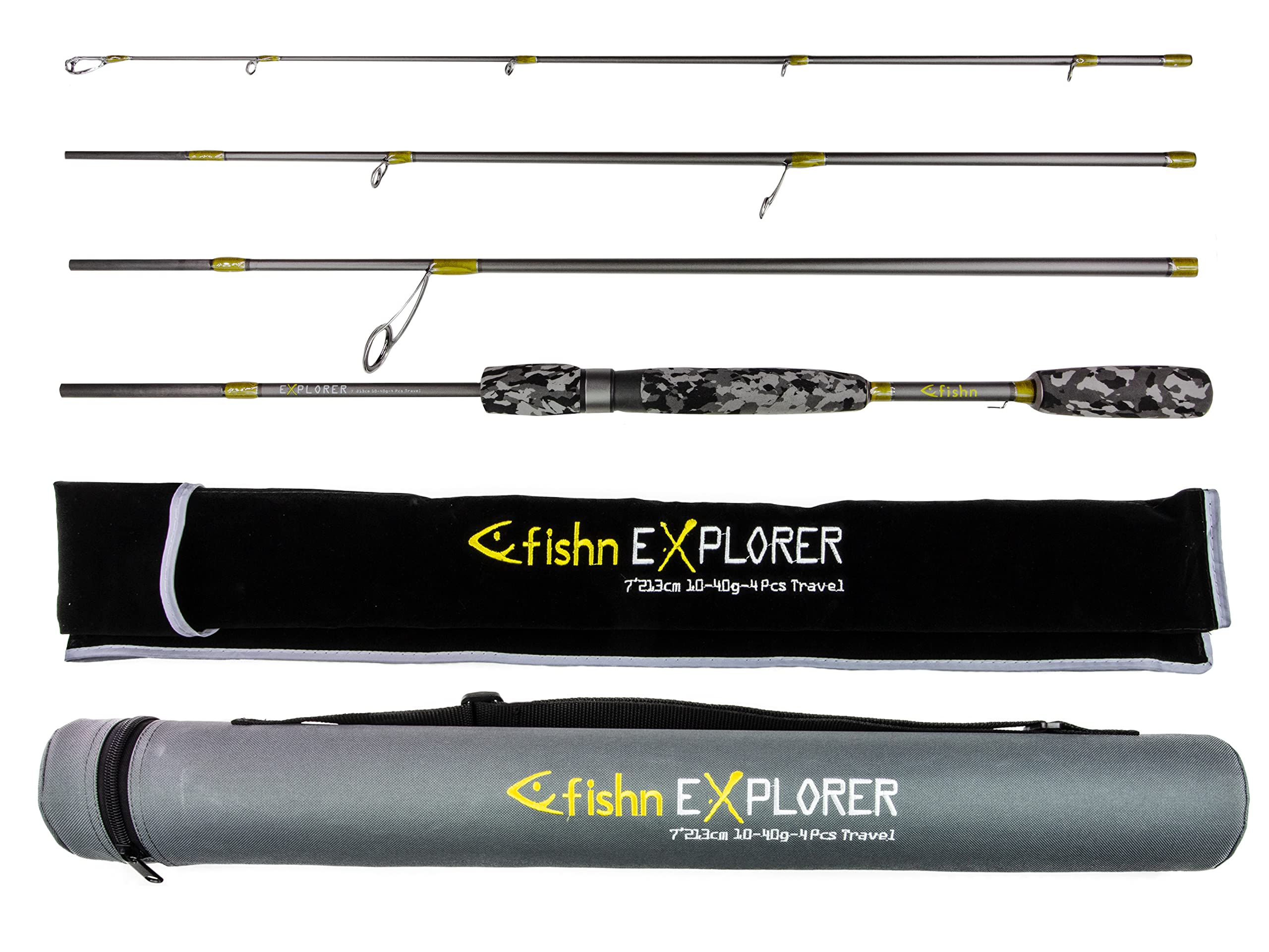 FISHN Explorer Travel Fishing Rod, 213 cm, 4 Pieces, Weight 10-40 g, with Stable Travel Tube for Trout, Salmon, Pike Fishing