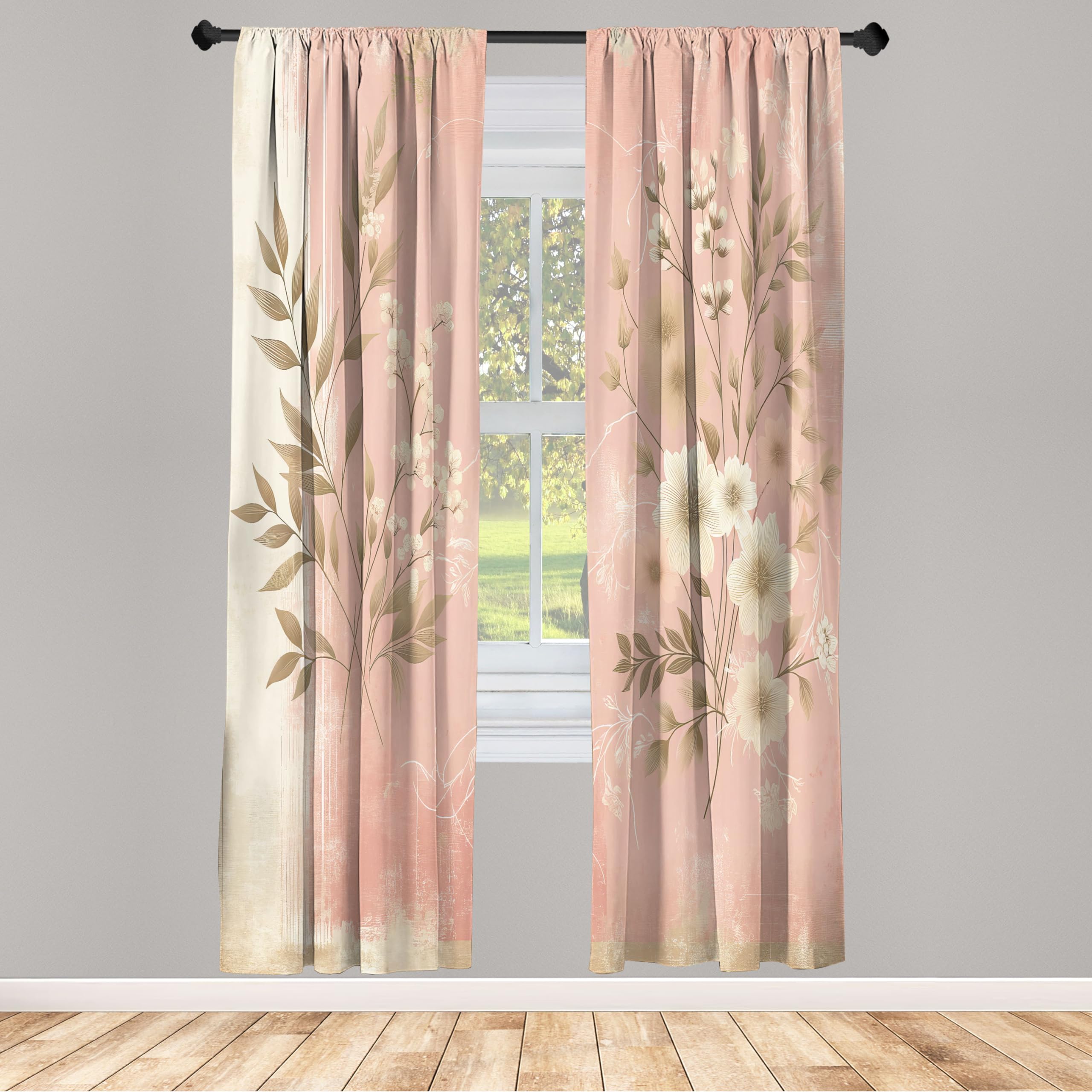 ABAKUHAUS Pink Window Curtains, Leafy Floral Illustration Modern Boho Concept Rose Tones Grunge Art Minimalist, Lightweight Decorative 2-Panel Set & Rod Pocket, 150x225 cm, Blush Dark Mustard