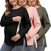 Women's Nursing Tops Long Sleeve Oversized 3 Pack Breastfeeding Shirts with Hidden Zipper Side Split Maternity Clothes