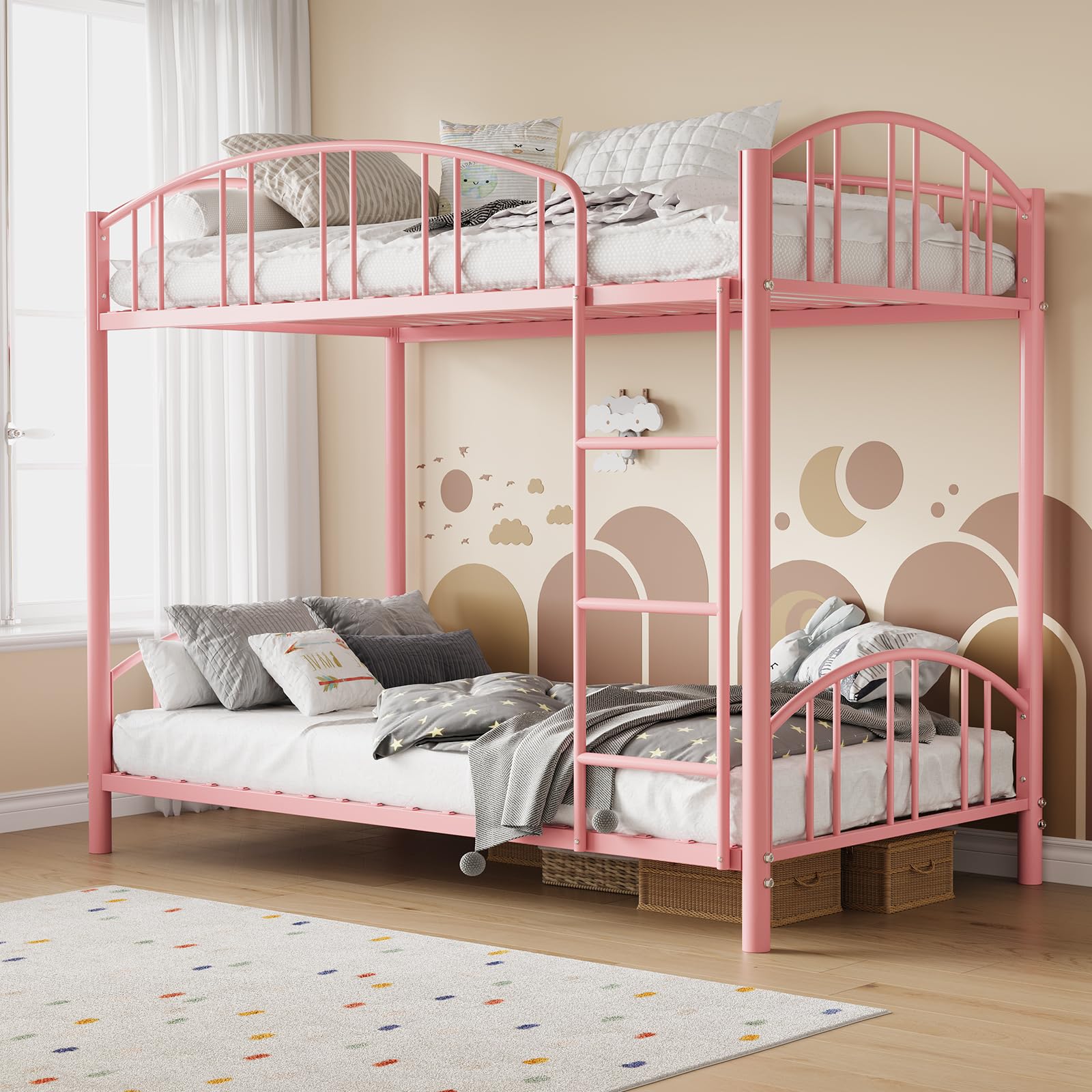 Photo 1 of Garvee Bunk Bed Twin Over Twin with Ladder and Arched Guardrail, Heavy Duty Bunkbeds Frame with Sturdy Steel Slats Support for Kids Boys Girls, Space-Saving, No Box Spring Needed, Pink