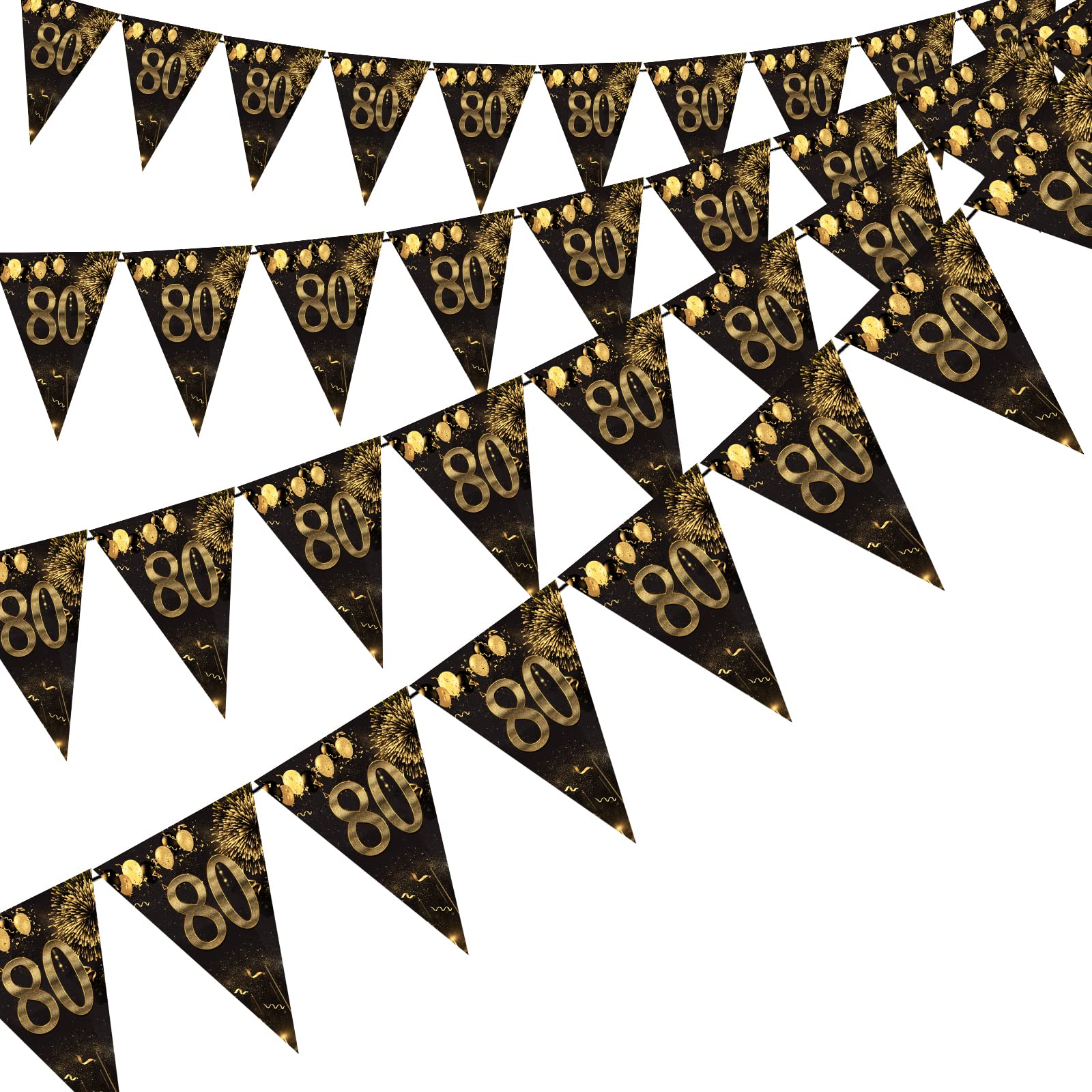 80th Happy Birthday Banner Bunting Flags 40 Pieces Gold and Black Glitter Birthday Anniversary Theme Party Decoration Supplies