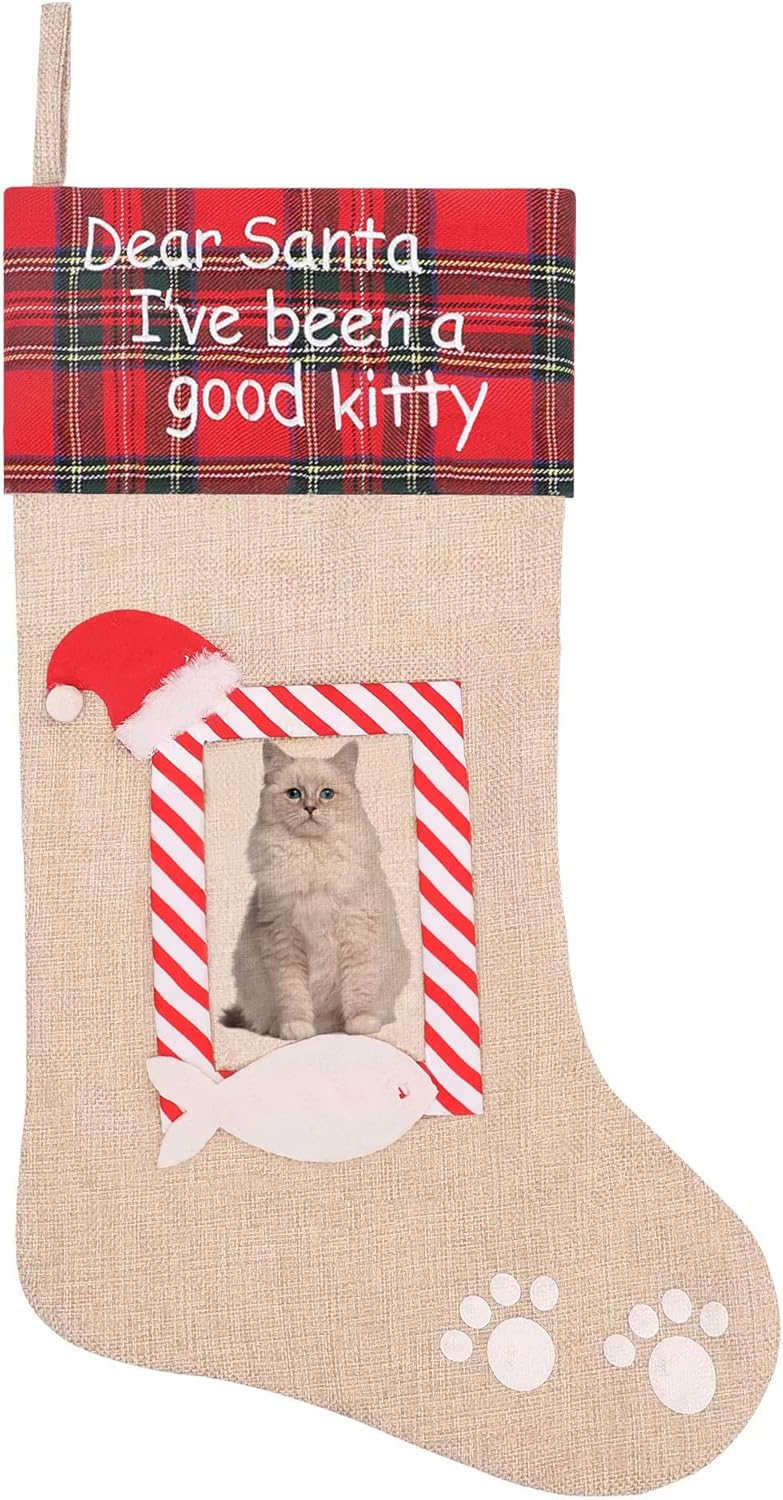 Stockings & Holders - Tokforty Burlap Pet Christmas Stockings, Personalized 20 Inches Christmas Paw Stockings Hanging Ornaments with Family Photo Frame, Xmas Tree Hanging Gift Bag for Home Holiday Xmas Party Decorations