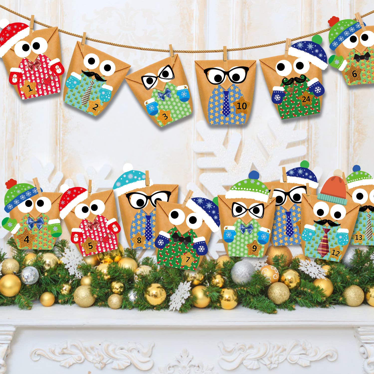 Adventskalender zum Befüllen-24 adventskalender tüten+Adventskalender Zahlen+24 Mini Holzklammern als geschenktüten-Weihnachten zum Basteln und Befüllen