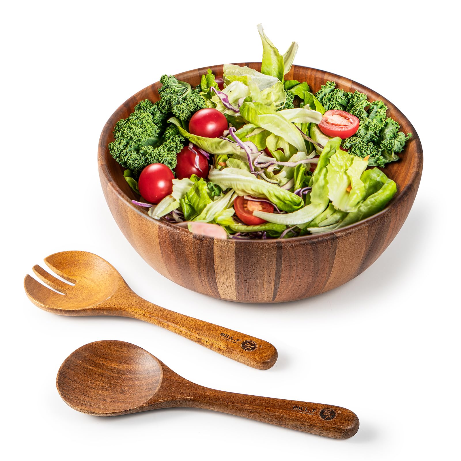 BF BILL.F SINCE 1983 Acacia Wood Salad Bowl Set, Wooden Server for Fruit & Salad - Family-Sized, 30cm Large, 3Pcs- Natural, Durable, and Stylish