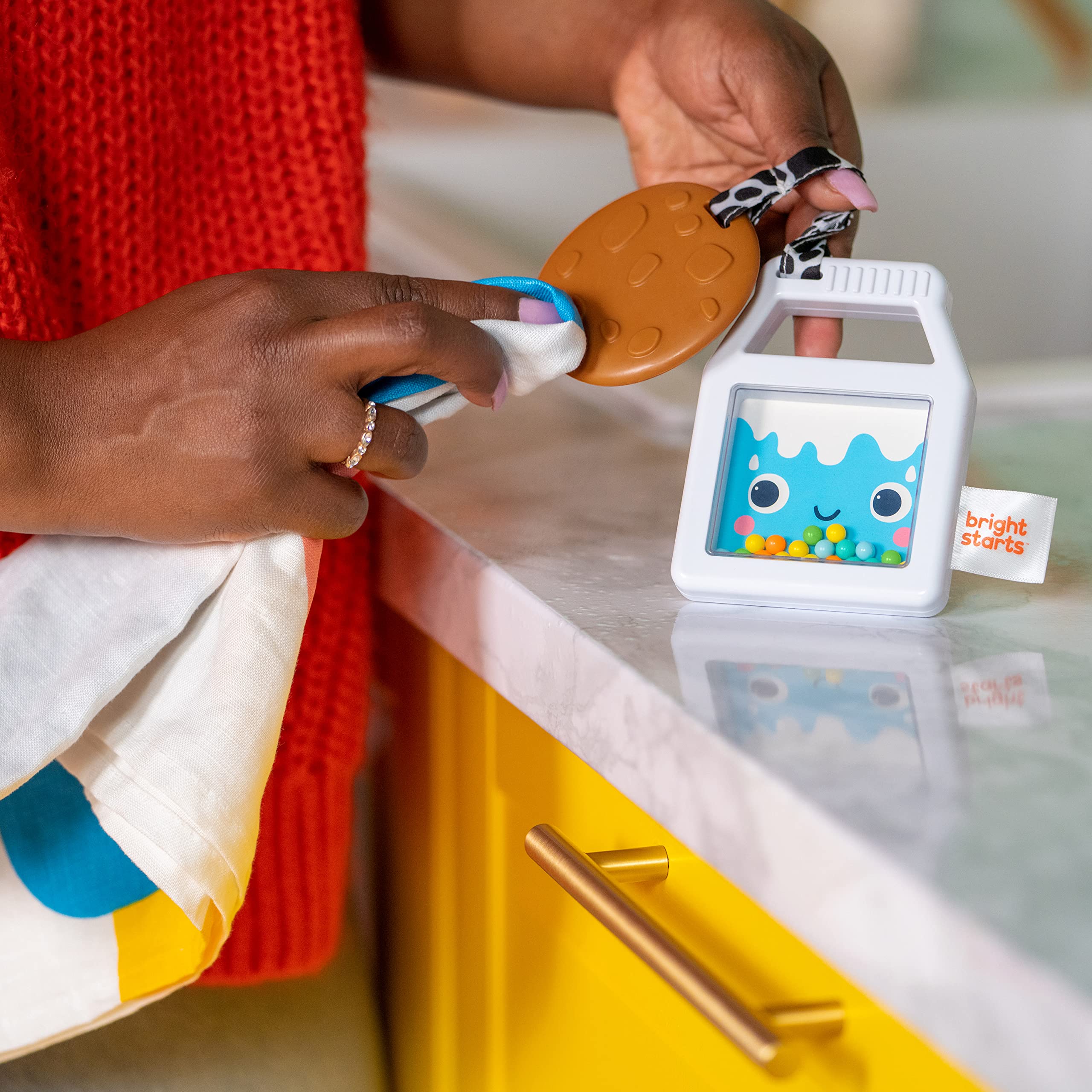 Bright Starts Cookies & Teethe 2-in-1 Rattle and Teether Activity Toy, Soothe Sore Gums, Entertain Baby with Rattle Toy, Unisex, 3 Months+