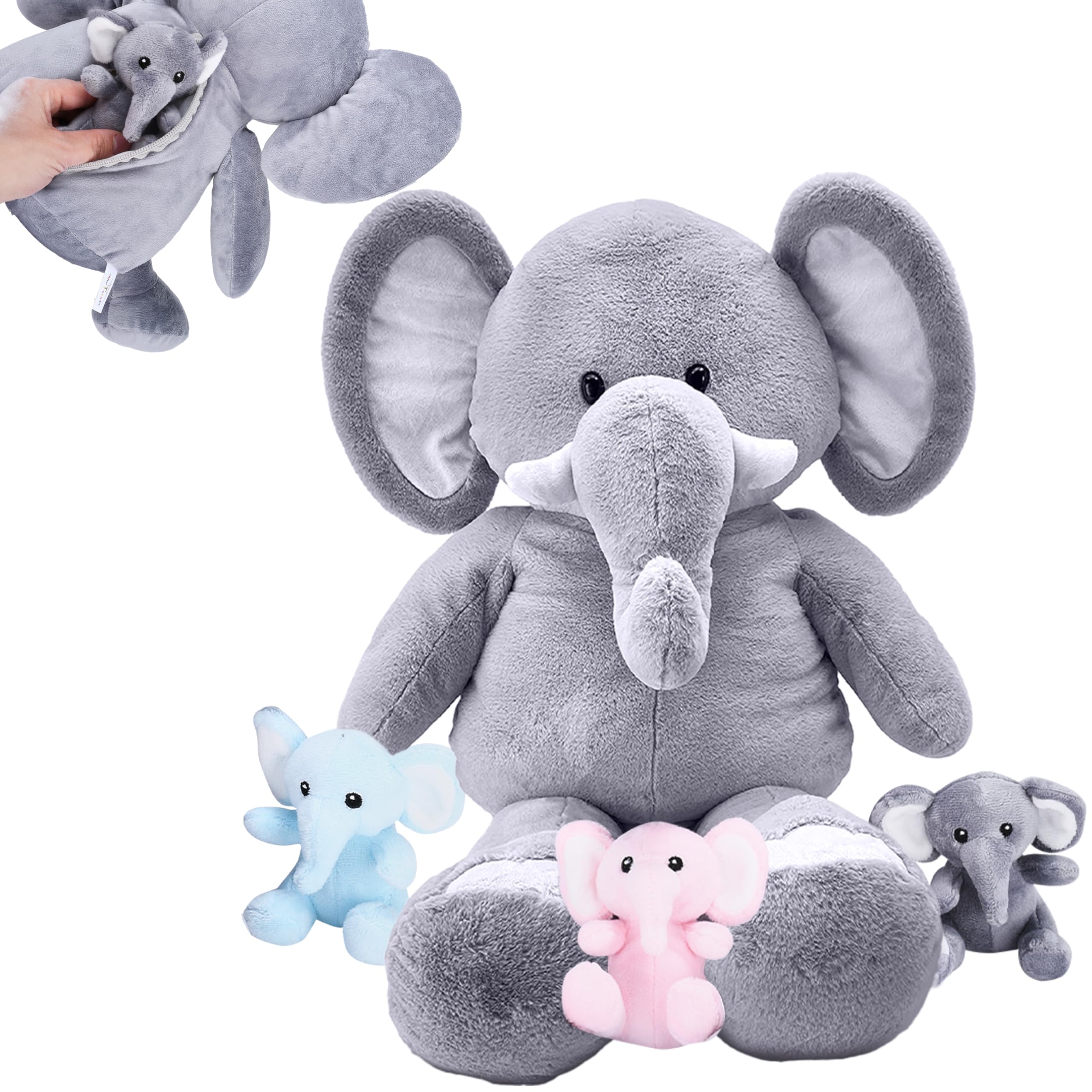 Photo 1 of Snug A Babies Giant Stuffed Animals Elephant - Ideal Gift for Kids, Adults and Elephant Enthusiasts, Soft, Fluffy and Cuddly Large Elephant with 3 Adorable Baby Elephants - Grey 12.6in x 5.9in