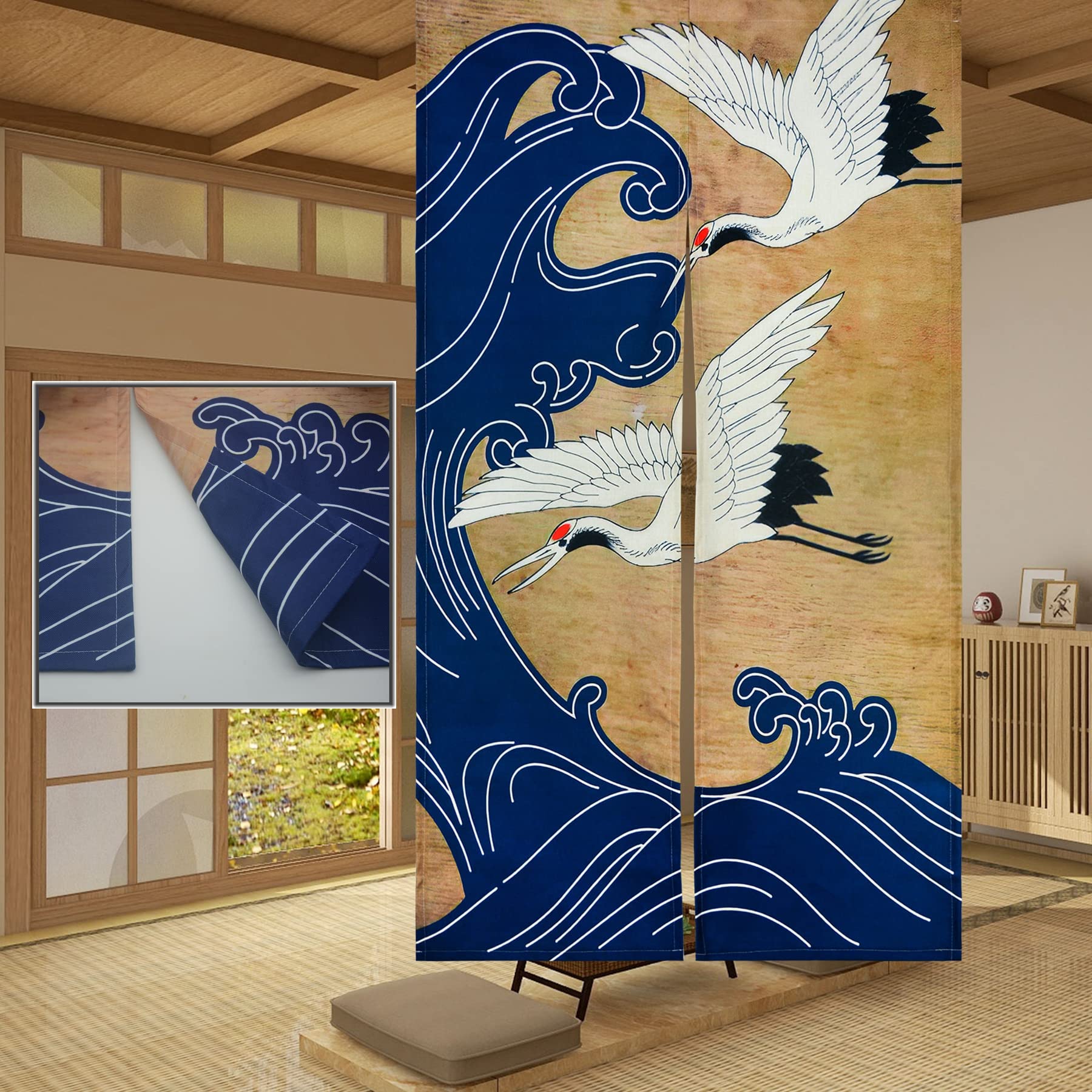 LIGICKY Retro Japanese Noren Doorway Curtain Linen White Crane Blue Wave Printed Asian Window Treatment Hanging Door Tapestry for Sushi Kitchen Home Decoration 33.5 x 47.2 Inch (Double Sided Printing)