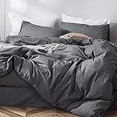 MooMee Bedding Duvet Cover Set 100% Washed Cotton Linen Like Textured Breathable Durable Soft Comfy (Dark Grey, King)