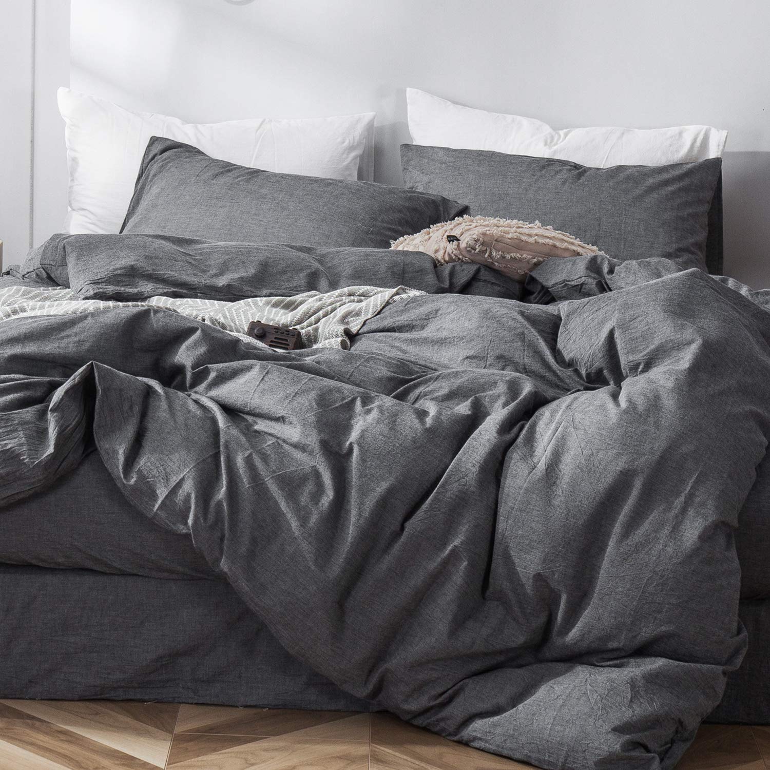 Photo 1 of MooMee Bedding Duvet Cover Set 100% Washed Cotton Linen Like Textured Breathable Durable Soft Comfy (Heathered Dark Grey, King 104"x90")