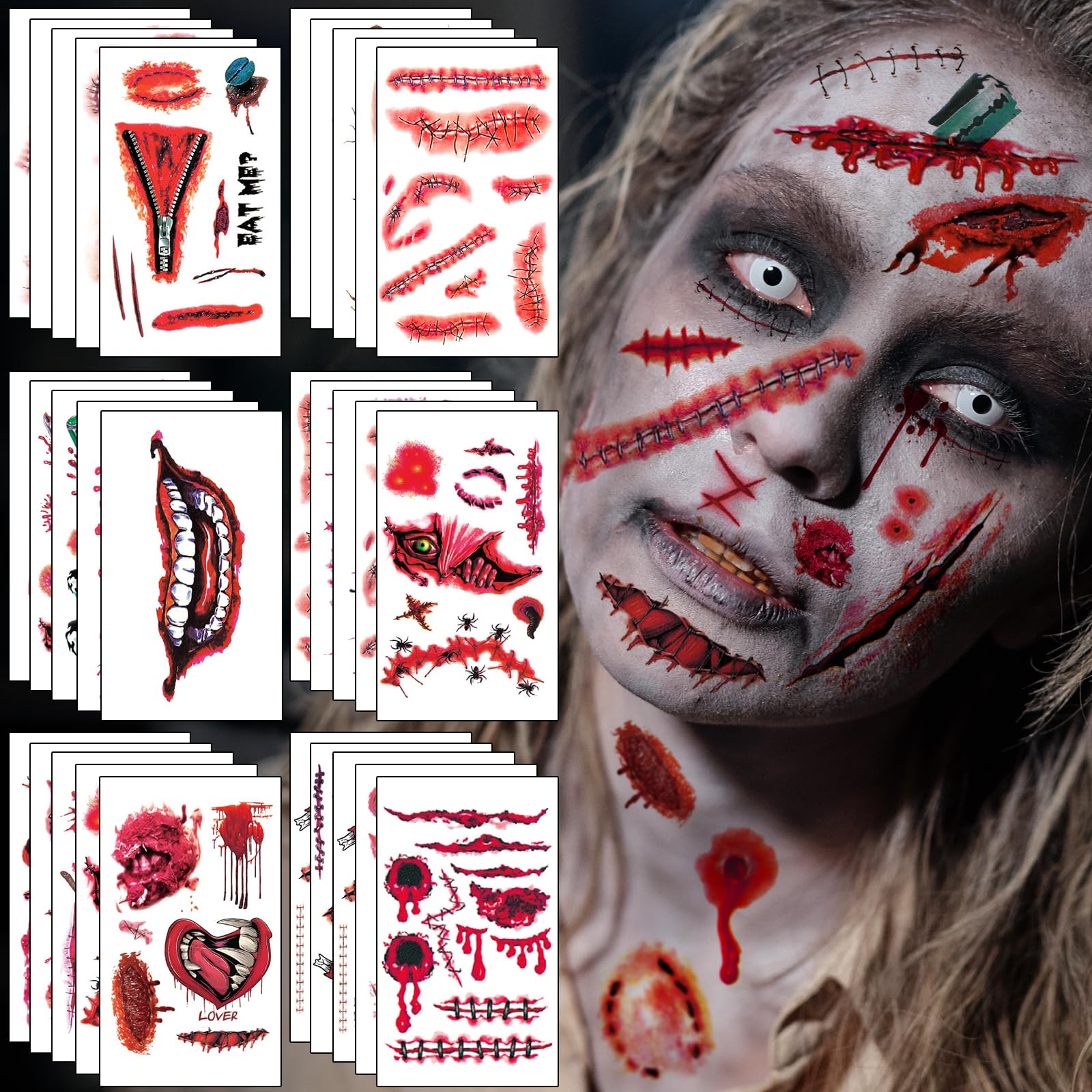 AHOZEE Halloween Scar Tattoos Temporary, 50 Sheets Realistic Fake Scars and Blood Wound Tattoos, Skin-Friendly & Waterproof Scar Stickers, Halloween Makeup for Zombie Vampire Cosplay, 360 Pcs