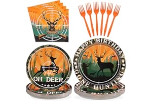 GRENCIAN 96Pcs Hunting Camo Party Supplies Oh Deer Hunting Birthday Party Decorations 350GSM Disposable Hunting Theme Birthday Tableware Set Camo Plates Napkins Forks for Outdoor Camping Picnic Decor Serves 24