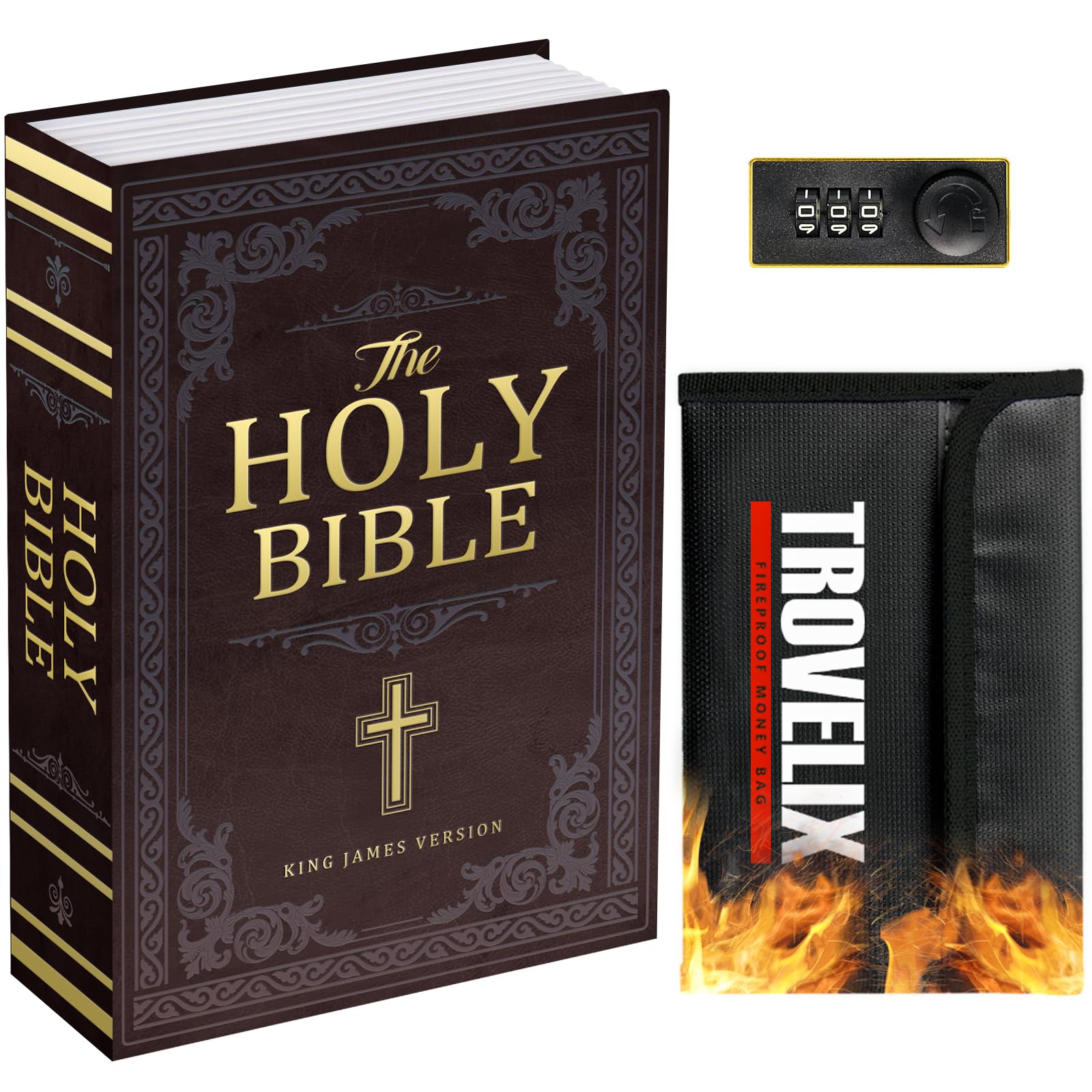 Sekam Book Safe with Combination Lock, Hidden Safe (24 x 15 x 5.5 cm) with Fireproof Bag, Secret Diversion Safe, Hollow Book Box Hidden Storage, Money Safe Box for Cash (Bible M)