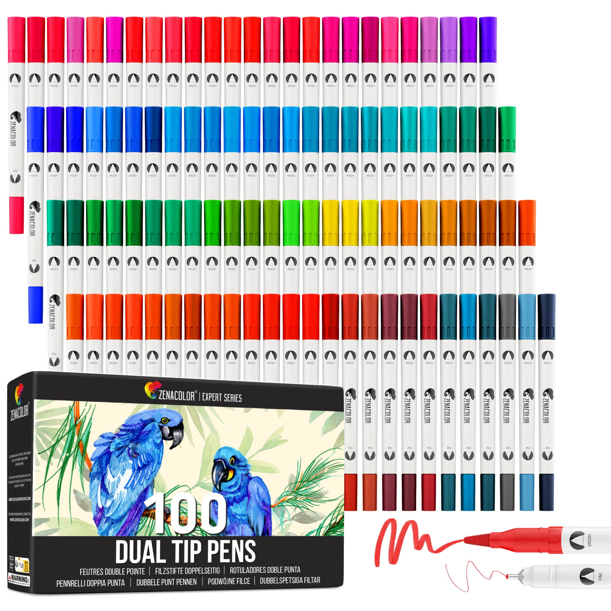 Zenacolor 100 Adult Colouring Pens – Fine and Brush – Calligraphy, Drawing, Mandala, Doodling, Scrapbooking, Colouring Book
