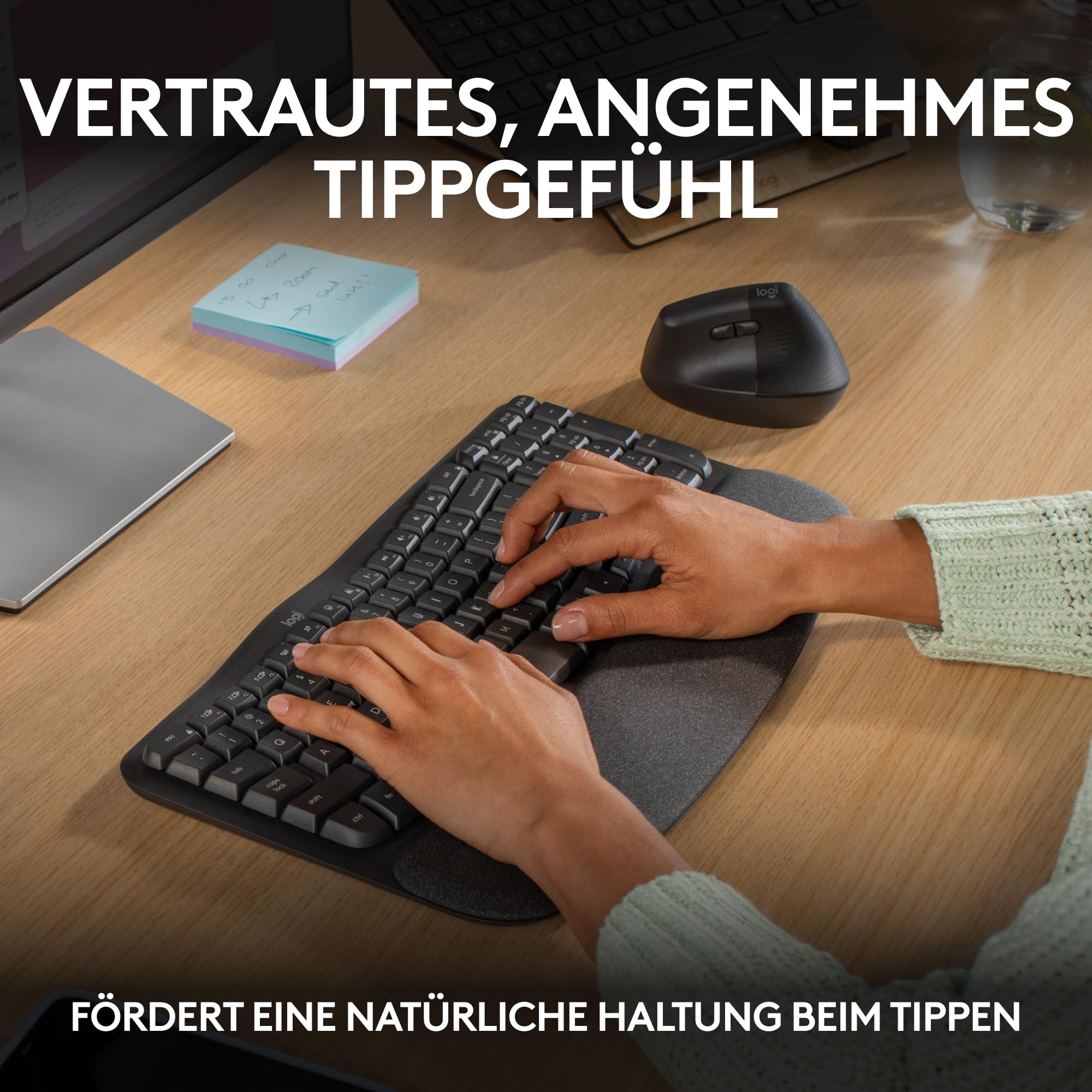 Logitech Wave Keys kabellose ergonomische Tastatur, gepolsterte Handballenauflage, Komfortables natürliches Tippen, Easy-Switch, Bluetooth, Logi Bolt, Multi-OS, Windows/Mac, Deutsches QWERTZ, Graphit 3
