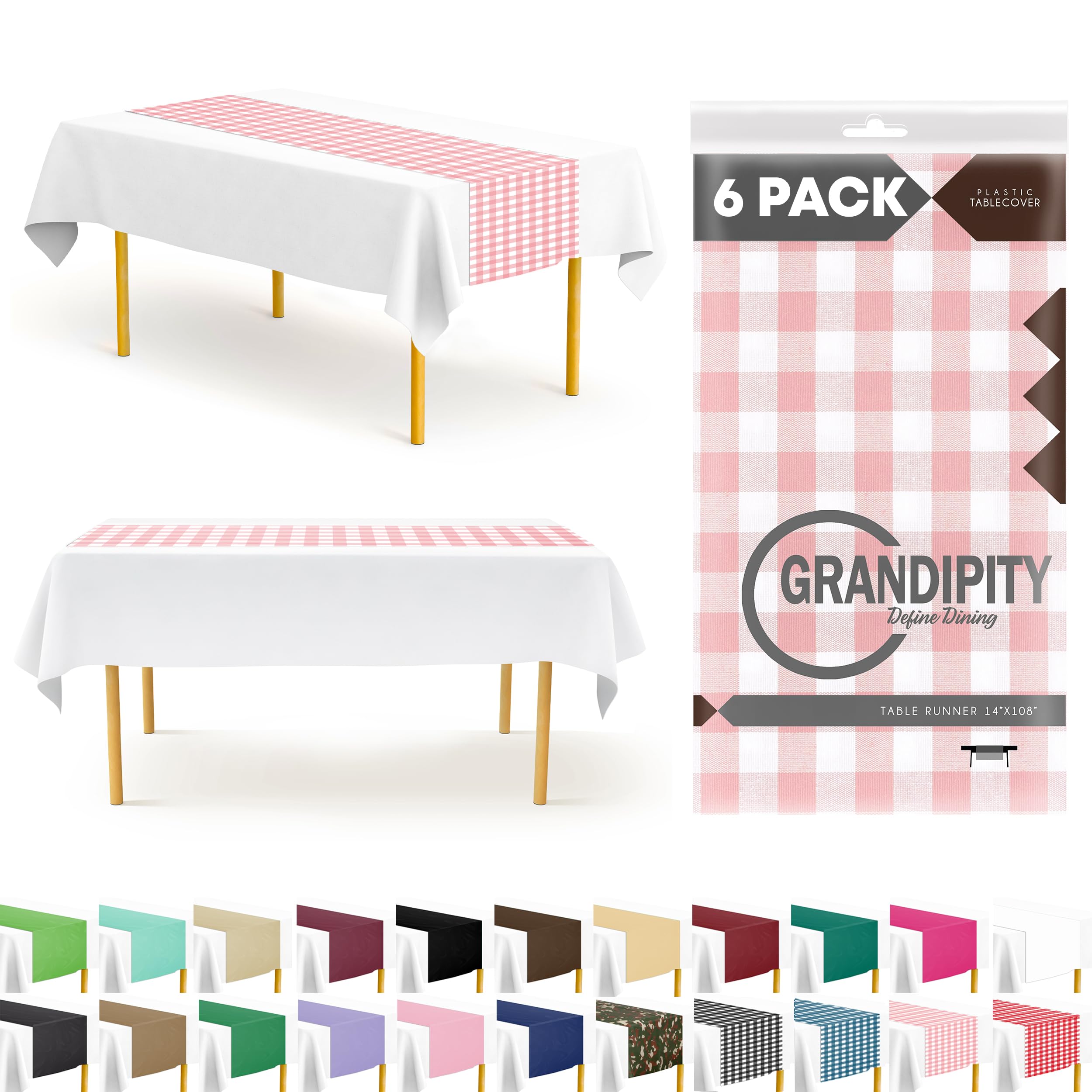 Grandipity Pink Checkered Gingham 6 Pack Premium Disposable Plastic Table Runner 14 x 108 Inch. Table Runner for Dinner Parties & Events — image 1
