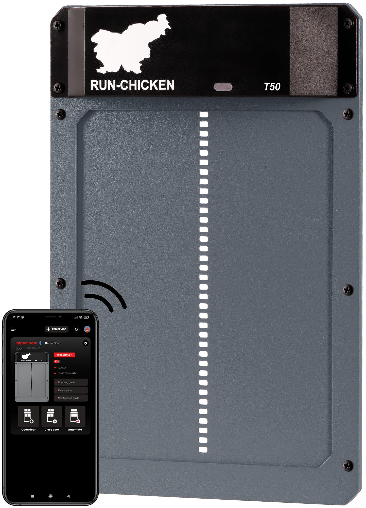 RUN-CHICKEN Model T50, Automatic Chicken Coop Door, Full Aluminum Doors, Light Sensing, Evening and Morning Delayed Opening Timer 35 x 24 cm