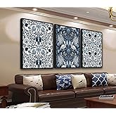 Large Framed Canvas Wall Art - Navy Blue Pictures William Morris Style for Living Room Bird Flower Prints Boho Wall Decor for Bedroom Dining Room Black Float Frame 16" X 24" X 3 Pieces