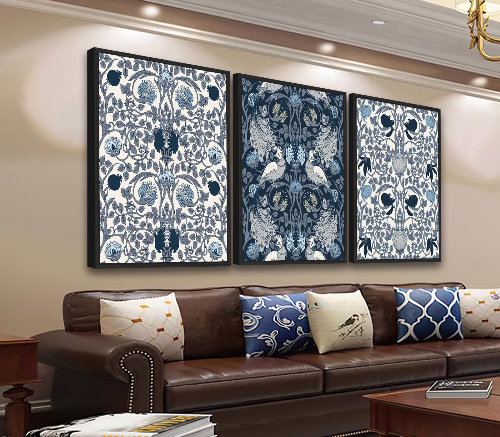 Photo 1 of Large Framed Canvas Wall Art - Navy Blue Pictures William Morris Style for Living Room Boho Prints Flower Bird Wall Decor for Bedroom Dining Room Black Float Frame 20" X 28" X 3 Pieces