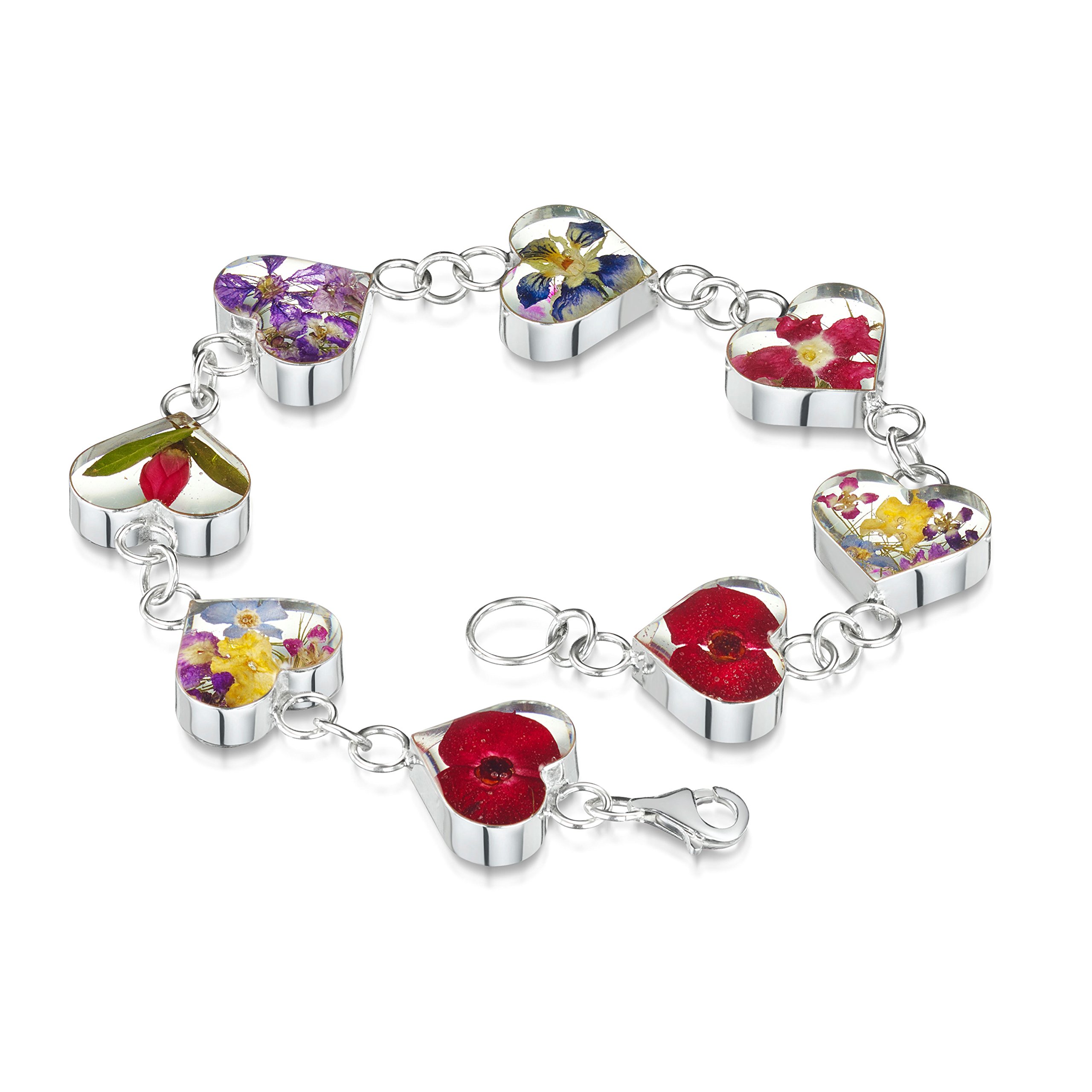 Shrieking Violet 925 Sterling Silver Heart Links Real Flower Bracelet - Assorted Flowers (Multicolour)