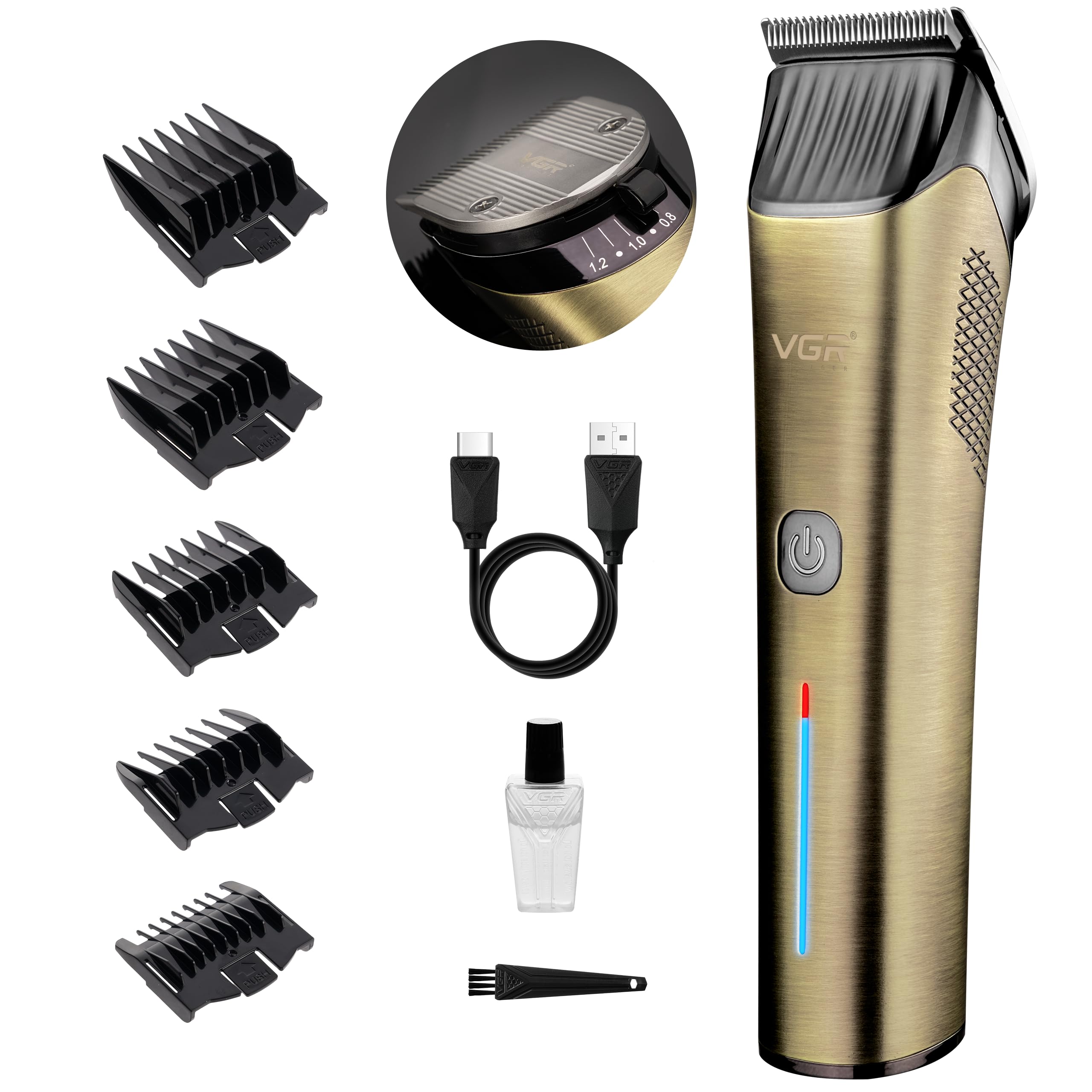 VGR Long Beard Trimmer Men Rechargeable - Cordless Hair Clippers Professional for Head Haircut - USB-C 200 Minutes Electric Battery - Ceramic Blades - 7000 RPM